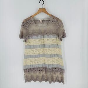 Sundance Lace Trim Tunic Top Size Small Taupe Cream Boho Romantic Crochet Blouse